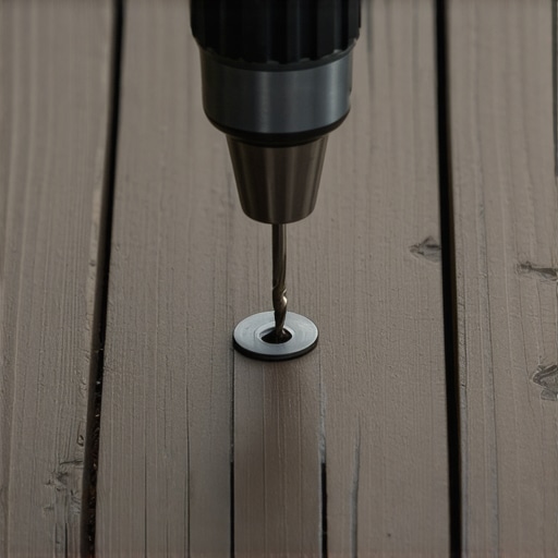 A craftsman using a drill guide on a composite deck board for perfect baluster alignment.