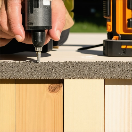 A contractor using a screw depth jig and laser level on a composite deck