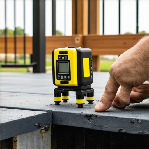 A digital laser level being used on a composite deck frame.