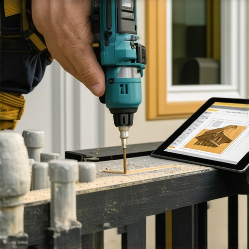 Contractor using a drill guide on composite deck railing for perfect alignment.