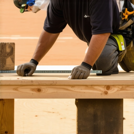Contractor measuring 12-inch joist spacing for a solid composite deck foundation.