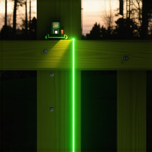 A laser level projecting a line across a composite deck frame to ensure perfect height alignment.