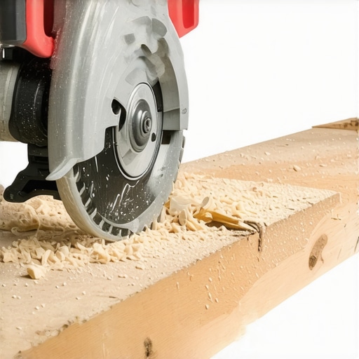 Precision relief notch cut in stair stringer Close-up of a circular saw cutting a shallow relief notch into a wooden deck stair stringer to prevent squeaks.