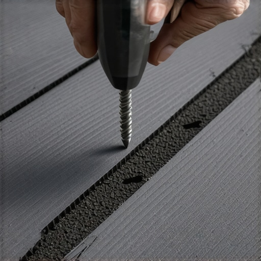 Close up of a worker using a screw depth jig on composite decking boards.