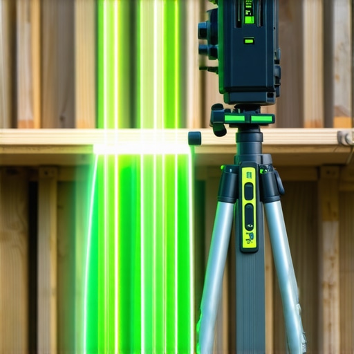 A green beam laser level on a tripod used for squaring deck joists.