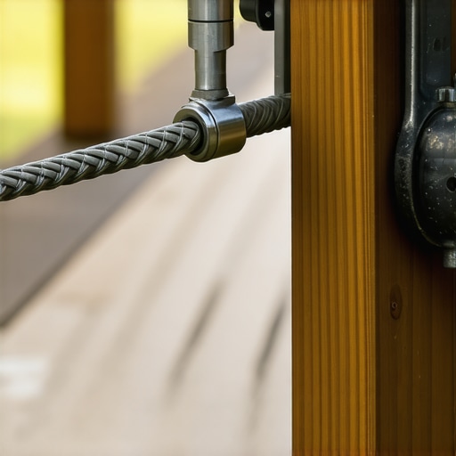 Using a hydraulic tool to crimp cable railing terminals for maximum tension.