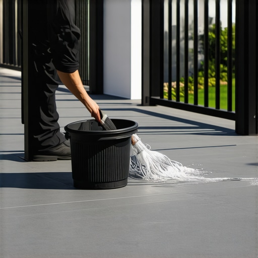 Cleaning a composite deck with a soft brush and checking railing post plumb with a specialized level.