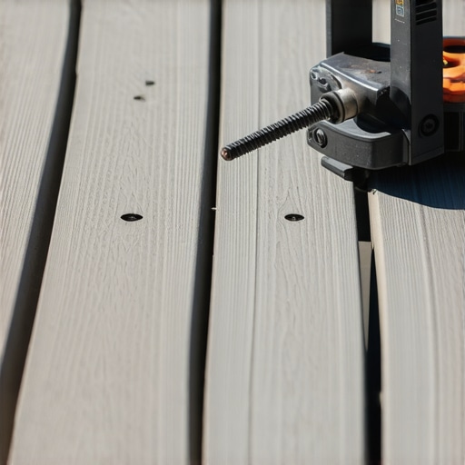 Close up of a deck screw depth jig on composite boards