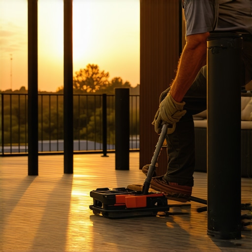 A contractor using a string line and drilling jig for deck precision.