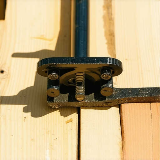 A heavy-duty lever tool straightening a warped deck joist during construction.