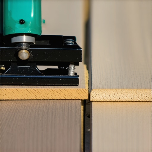 Professional Deck Board Straightener in Use Close-up of a contractor using a deck board straightening tool on a composite deck.