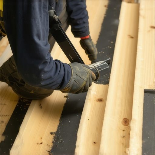 Builder using a laser measurer on a deck frame with joist tape.