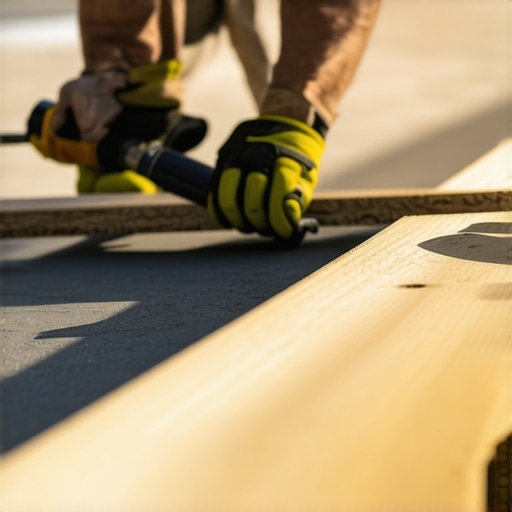 A worker using a board straightener and joist tape to ensure deck longevity.