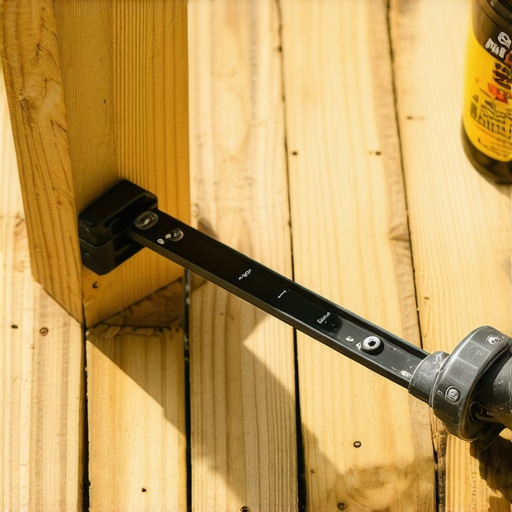 Professional Deck Building Tools and Maintenance Close-up of a speed square and impact driver on a cedar deck post during construction.