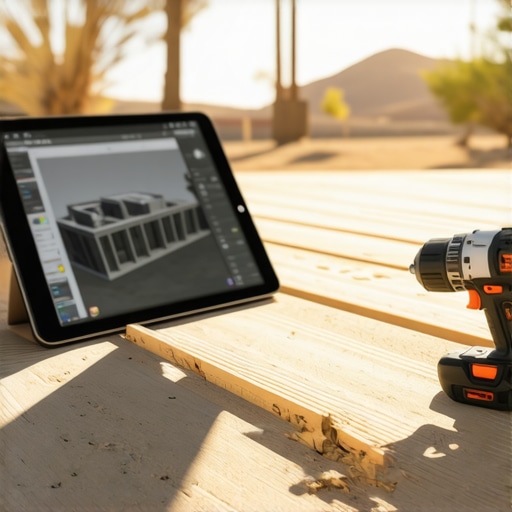 Professional Deck Building Tools for High-Heat Climates Modern composite deck construction tools and 3D planning in a desert setting.