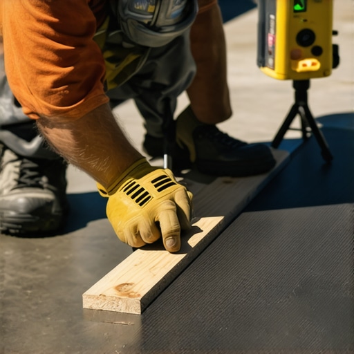 Professional Deck Building Tools in Action Close up of a depth adjustment jig and laser level on a composite deck construction site.