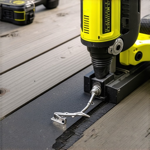 Close-up of a hidden fastener jig being used to install composite decking boards with precision.