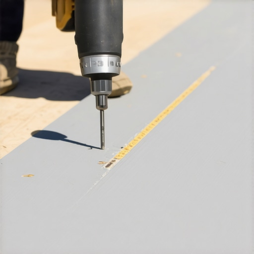 Close-up of a screw jig being used on a composite deck for consistent fastener depth.