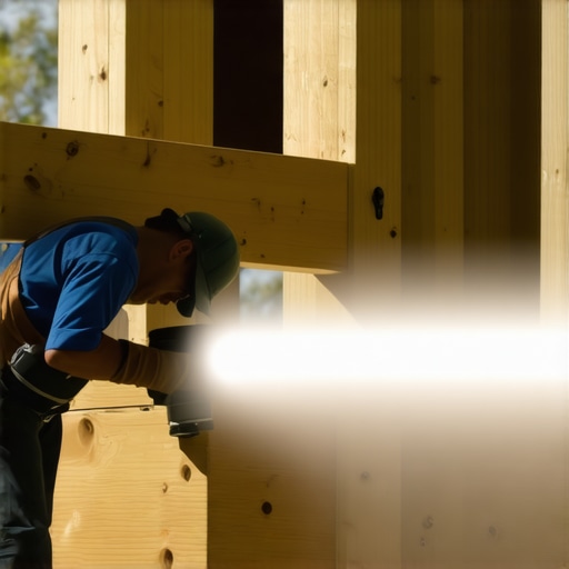 A builder inspecting metal joist hangers and framing connectors under a deck