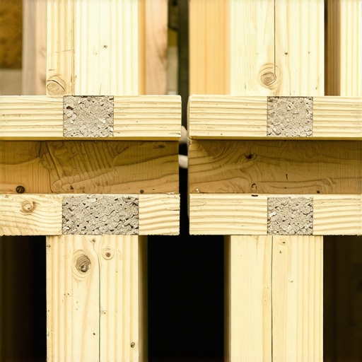 Close-up of deck joists with solid blocking and double rim joist for structural stability.