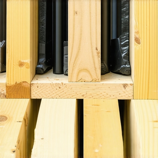 A detailed view of stabilized deck joists with solid blocking and protective tape ready for composite decking.