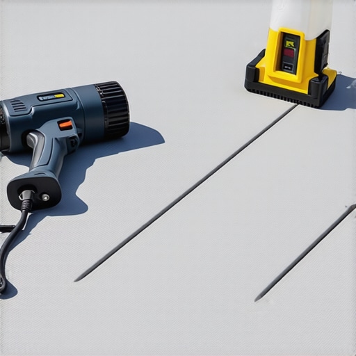 Heat gun and laser level on a composite deck for maintenance and repairs.