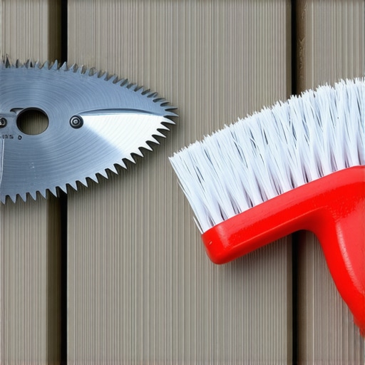 Close up of a composite saw blade and cleaning brush for deck maintenance