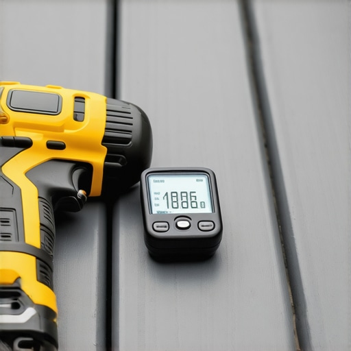 A moisture meter and impact driver on a composite deck surface illustrating professional maintenance techniques.