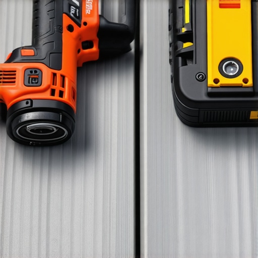 Impact driver and laser level on a composite deck demonstrating high-end maintenance and installation tools.