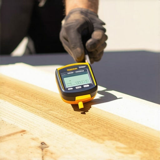 Close-up of a moisture meter checking a deck joist for potential rot