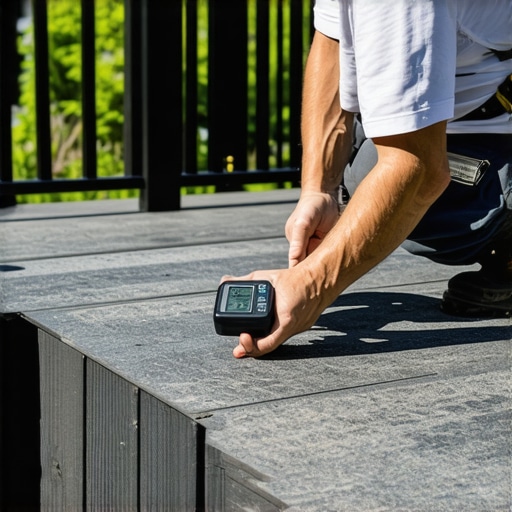 Homeowner using a moisture meter to check a composite deck frame