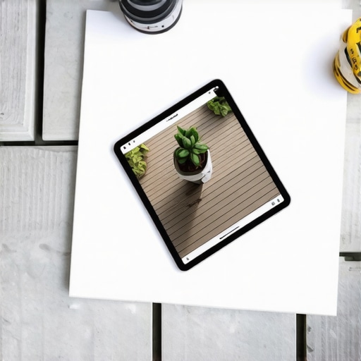 Tablet showing 3D deck model next to white composite decking sample and tools.
