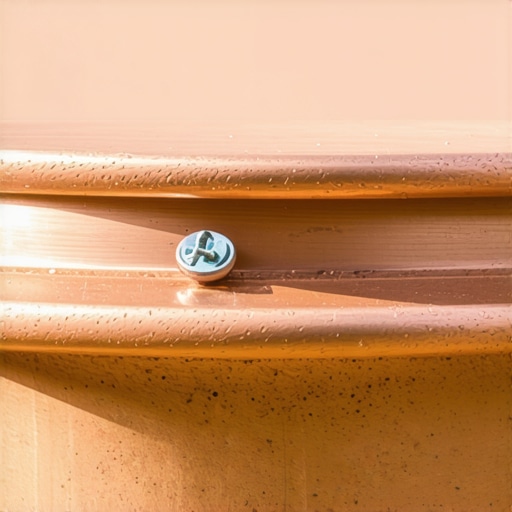 A stainless steel screw securing a copper post cap to a wooden deck post.
