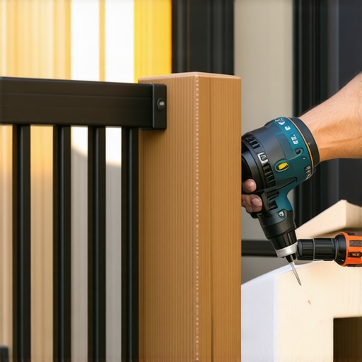 Carpenter using a drill guide for perfectly centered balusters on a modern deck.