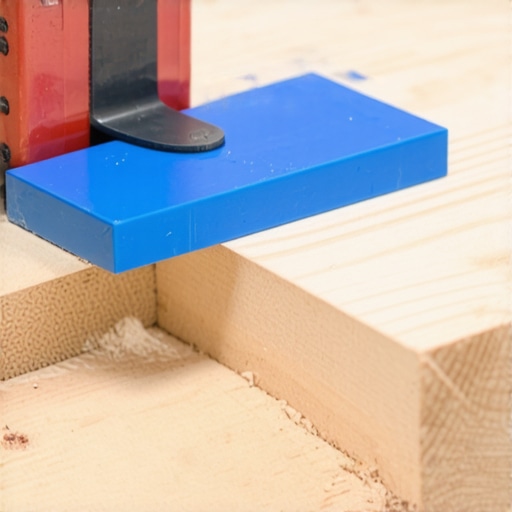 A specialized plastic spacer tool ensuring equal distance between two wooden deck boards.