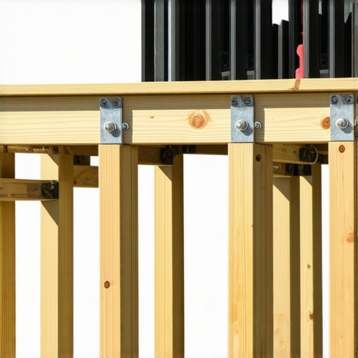 Close-up of a deck frame using 6x6 posts and structural blocking for stability.