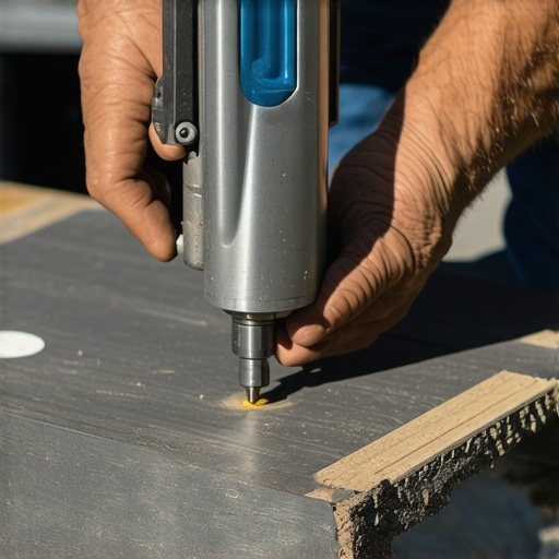 Close-up of a depth-sensing drill jig for perfectly flush composite deck screws