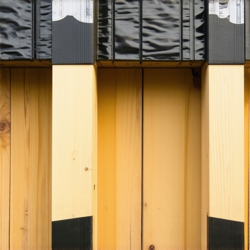 A close-up view of deck joists covered with protective flashing tape to prevent rot.