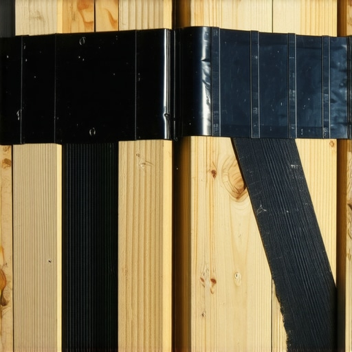 Close-up of black protective joist tape being applied to a wood deck frame to prevent rot.