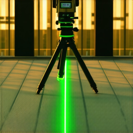 A green beam laser level being used to align deck railing posts for a professional finish.