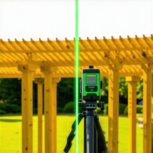 Professional Laser Level Setup for Deck Building A green laser level tool used for aligning pergola posts in a backyard construction project.