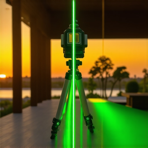 A green laser level tool being used to verify the height and slope of a composite deck frame and pergola structure.