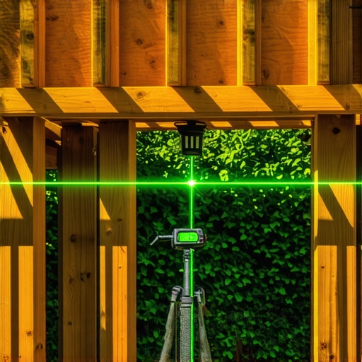 A green beam laser level being used to align pergola posts in a backyard construction project.