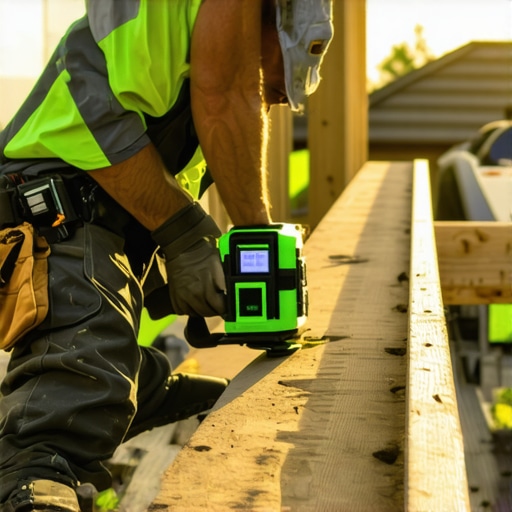 A green laser level being used to align joists on a custom composite deck.