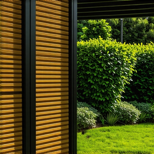 A modern cedar privacy screen mounted on a black pergola showing horizontal slats and structural hardware.