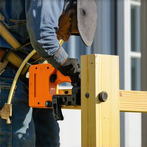 Professional Post Leveling Tool in Action Contractor using a specialized level to ensure deck posts are perfectly plumb
