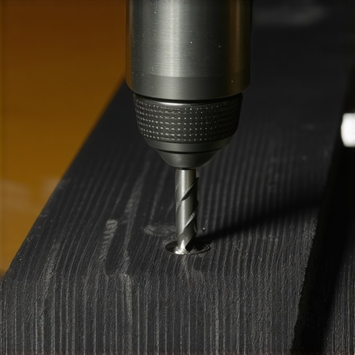 A builder using a countersink bit to pre-drill a tropical hardwood board for face-fastening.