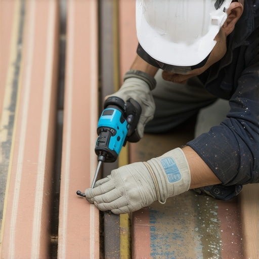 Close-up of an impact driver securing a deck screw into composite material to prevent squeaks.
