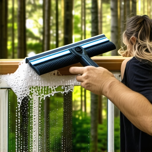 A person cleaning a glass deck railing with a squeegee to achieve a streak-free finish.
