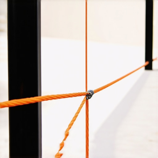 A mason's string line used to align black metal railing posts on a deck build.